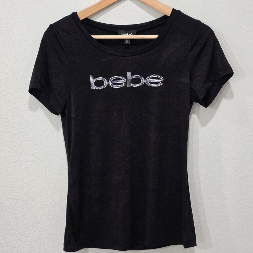 Bebe ✦ Black Rhinestone Logo Tee ✦ Short Sleeve Fitted Stretch Soft Y2K Sz M - Picture 2 of 9